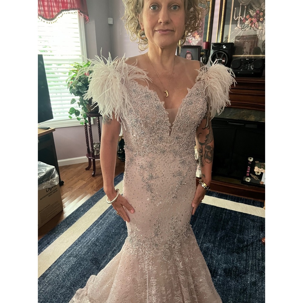 Blush Pink Lace Sequin Mermaid Gown with Feather 2P can be let out to 6P